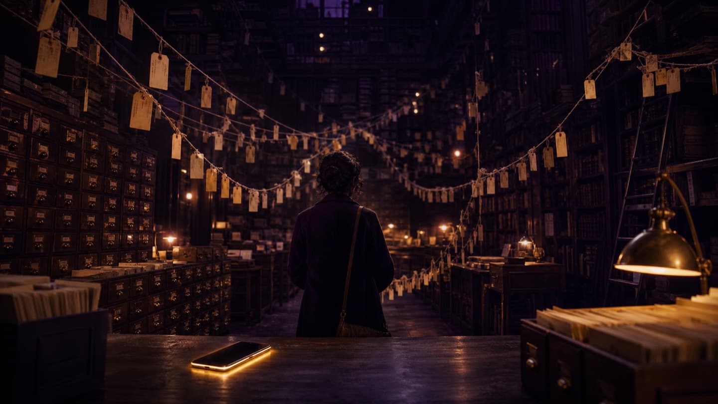 A reader entering a vast archive filled with card catalogs and suspended paper tags