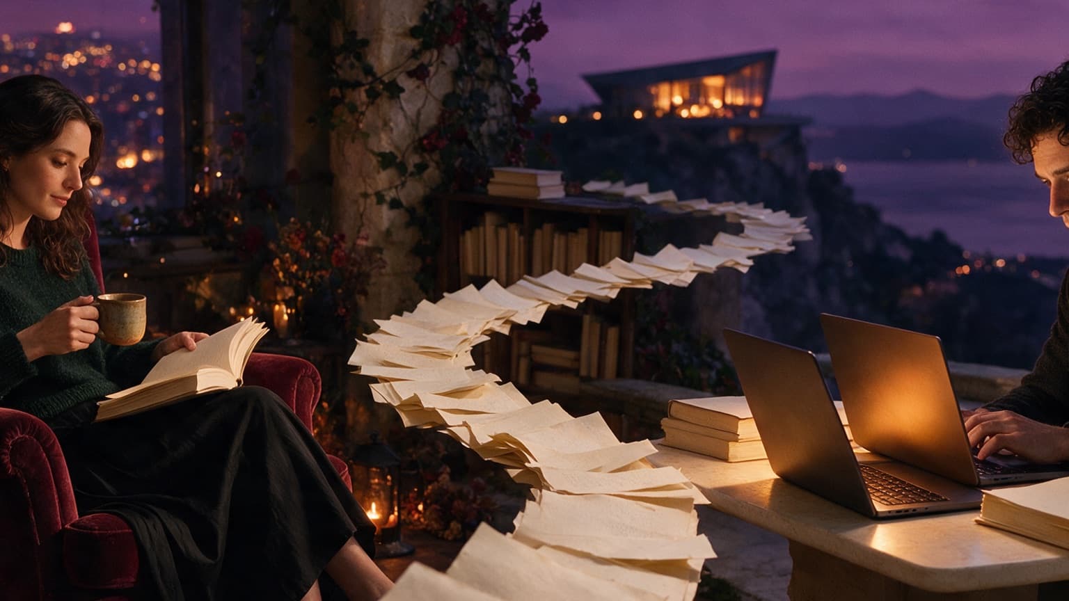 Two contrasting fiction worlds connected by a trail of pages, created for AO3 Bookmarks or a Separate Fic Tracker?