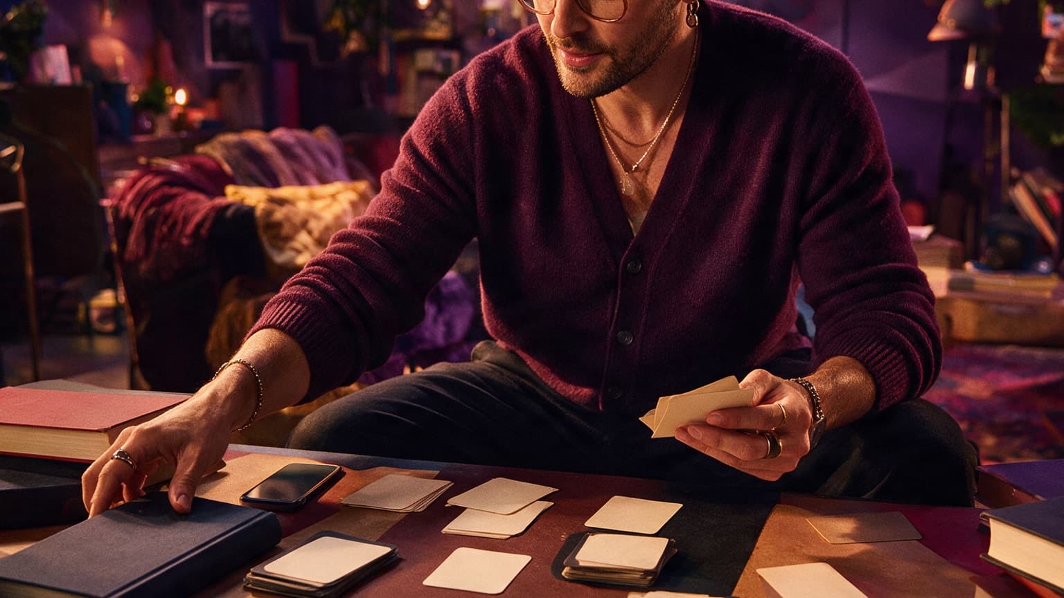 An adult reader organizing books, story cards, and a phone in a violet room, created for How AO3 Gift Culture Changed What Fandom Could Make