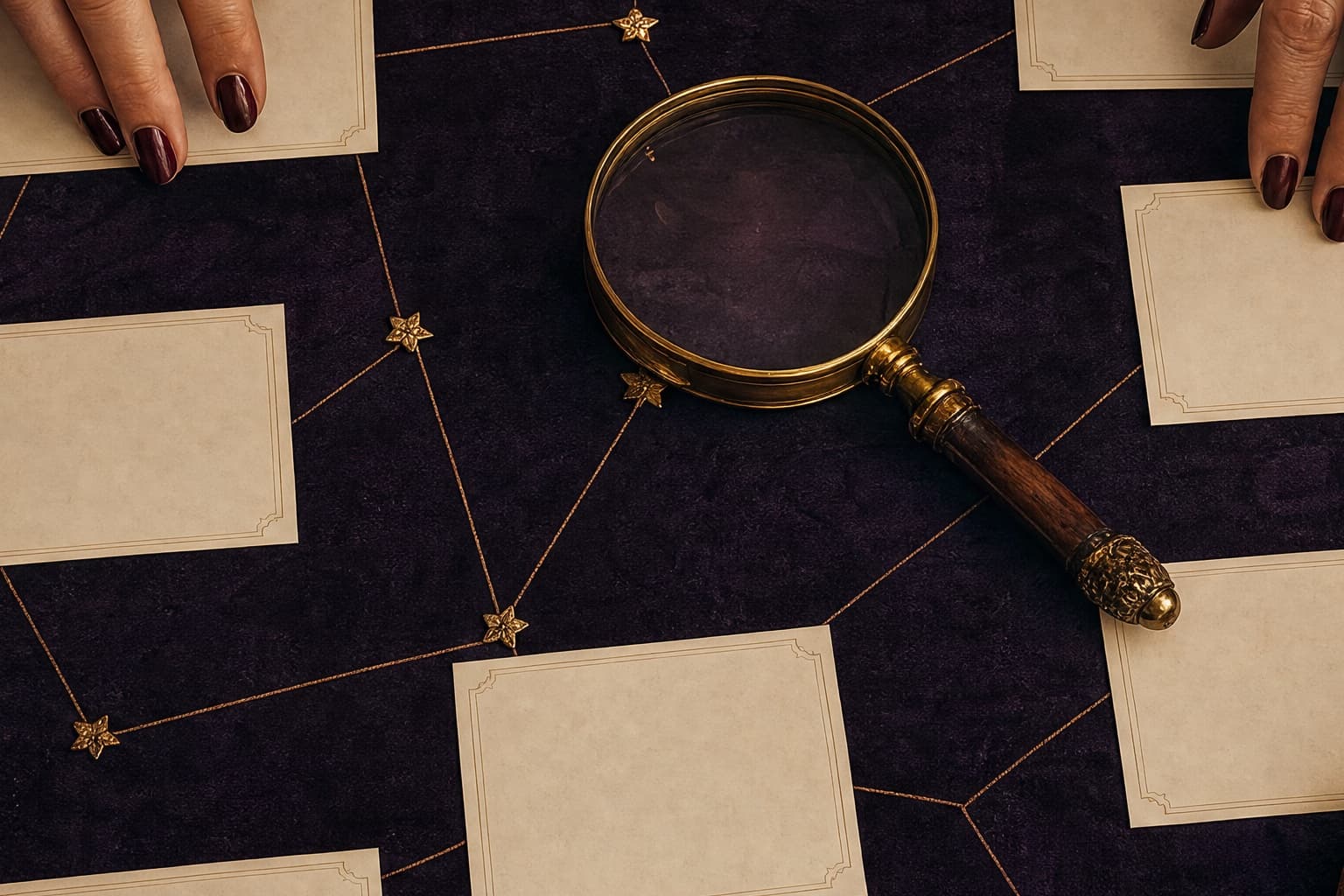 Adult reader arranging blank story cards around a brass magnifying glass