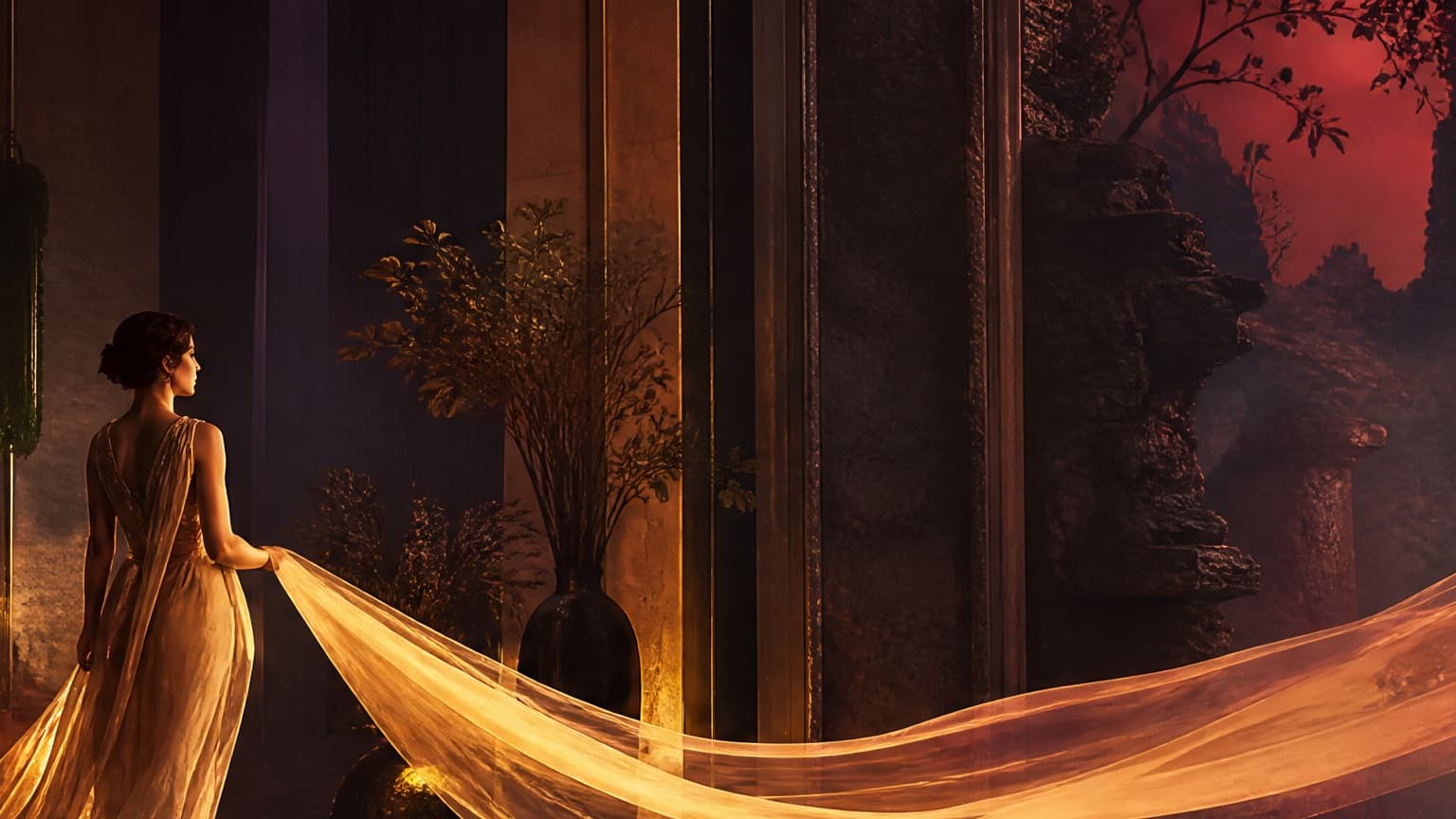 Two contrasting fiction worlds connected by a trail of pages, created for AO3 vs Questionable Questing for Adult Fanfiction