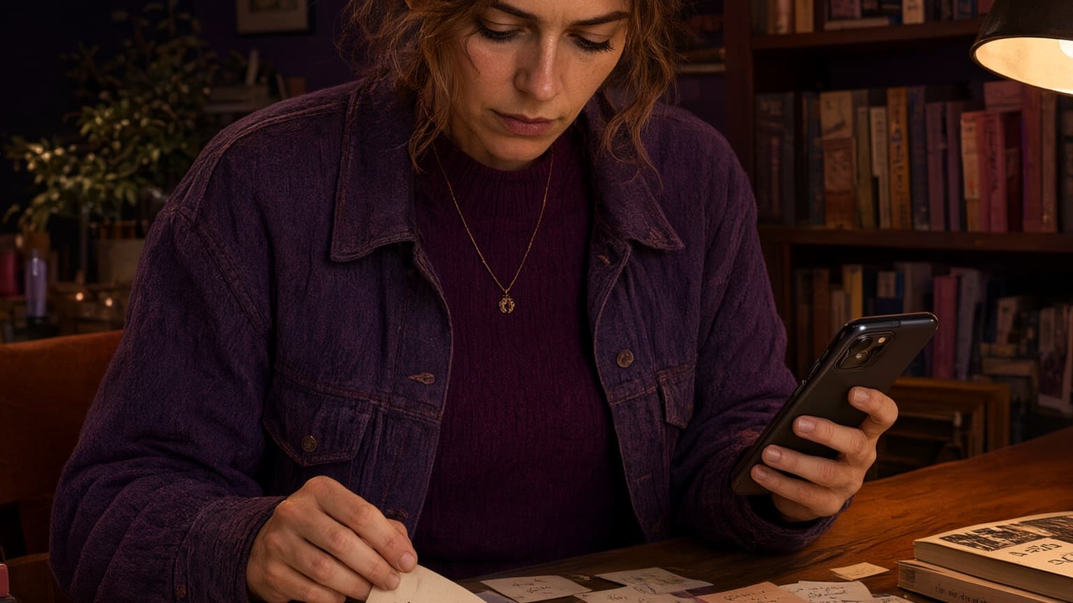 An adult reader organizing books, story cards, and a phone in a violet room, created for When Authors Read the Comments