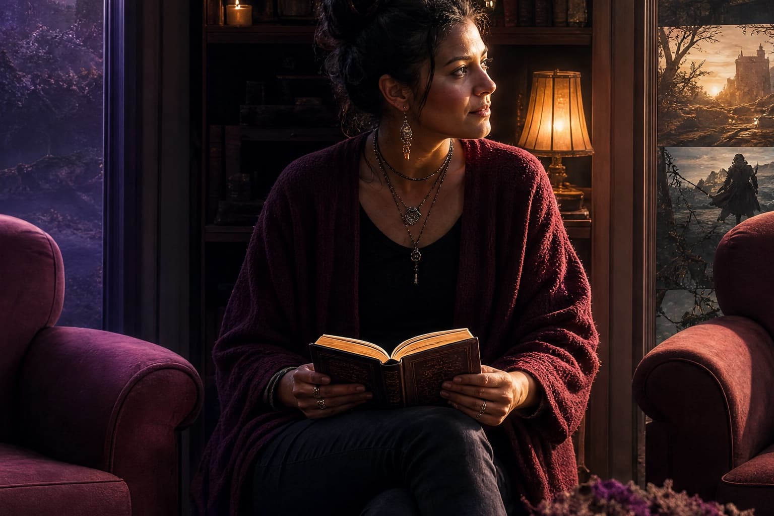 Adult reader seated between an empty chair and windows into two fantasy worlds