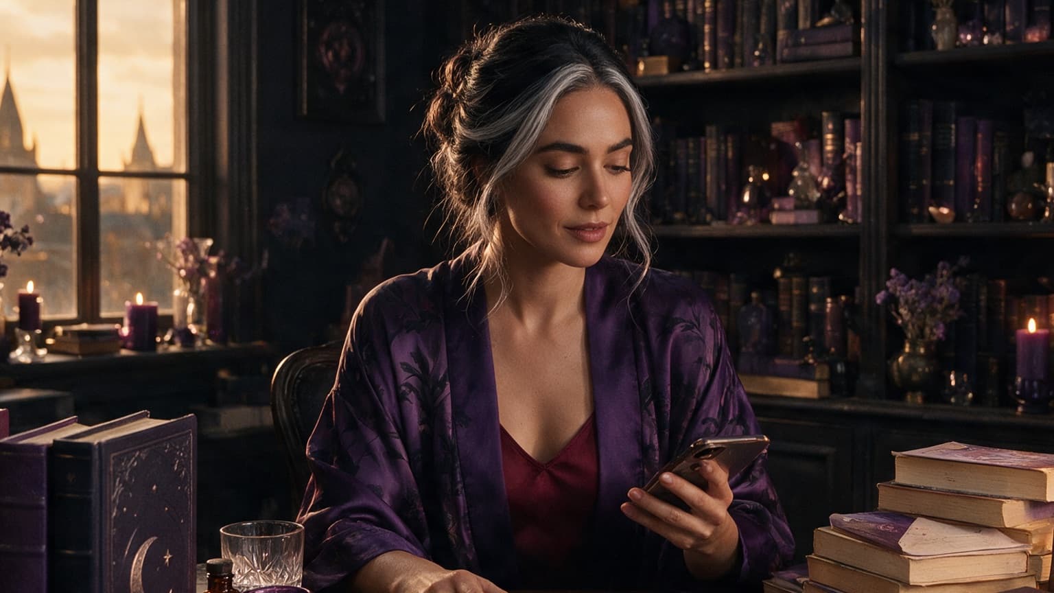 An adult reader organizing books, story cards, and a phone in a violet room, created for How to Balance Originals and Fanfiction