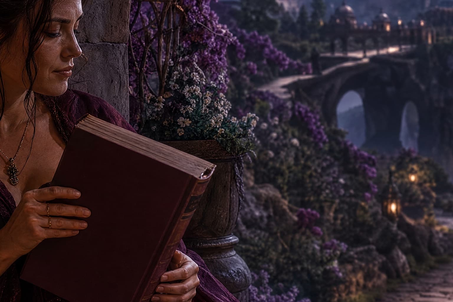 Adult reader closing a finished fantasy volume beside a moonlit archway