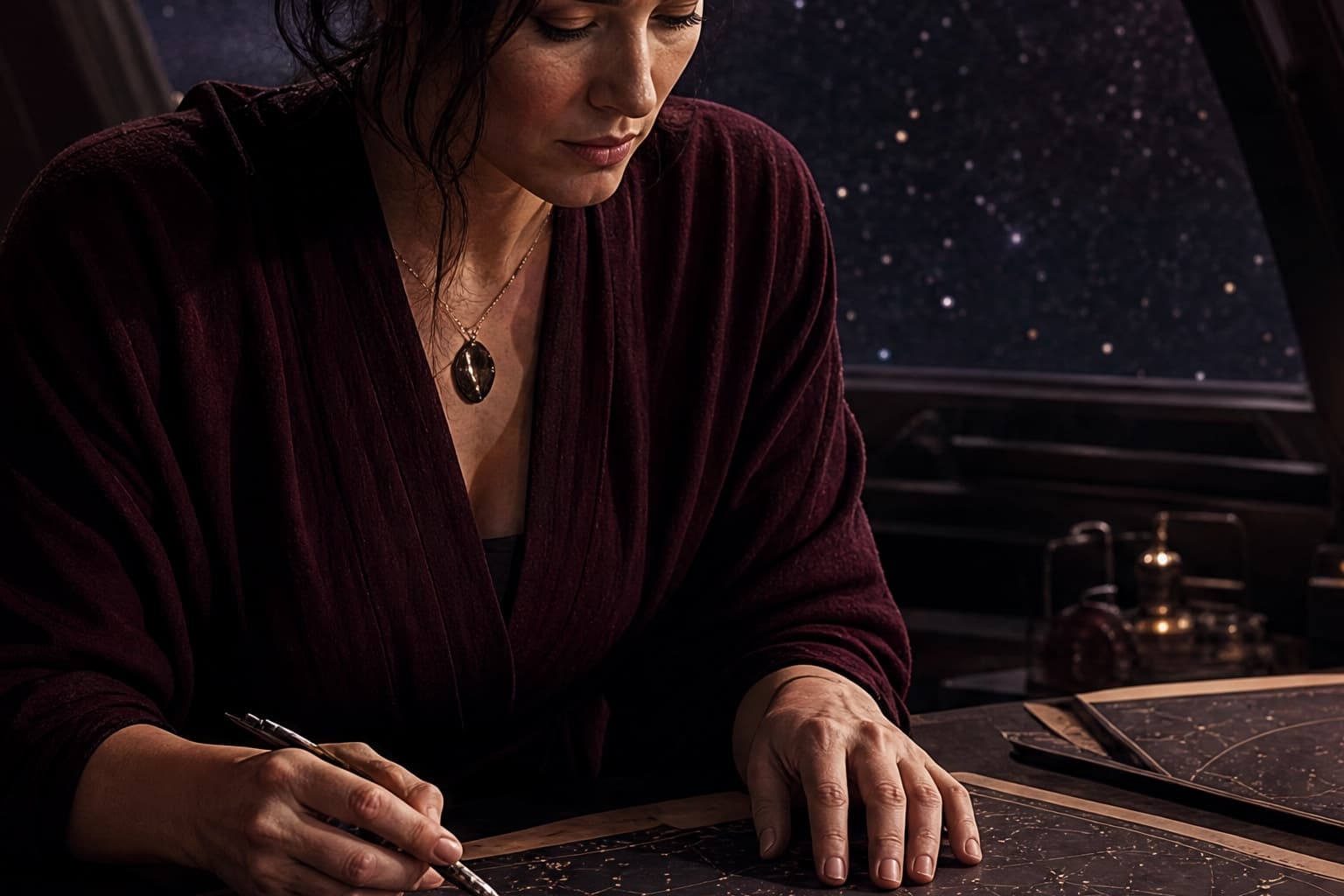 Adult reader with a closed science fiction book in a starship observatory