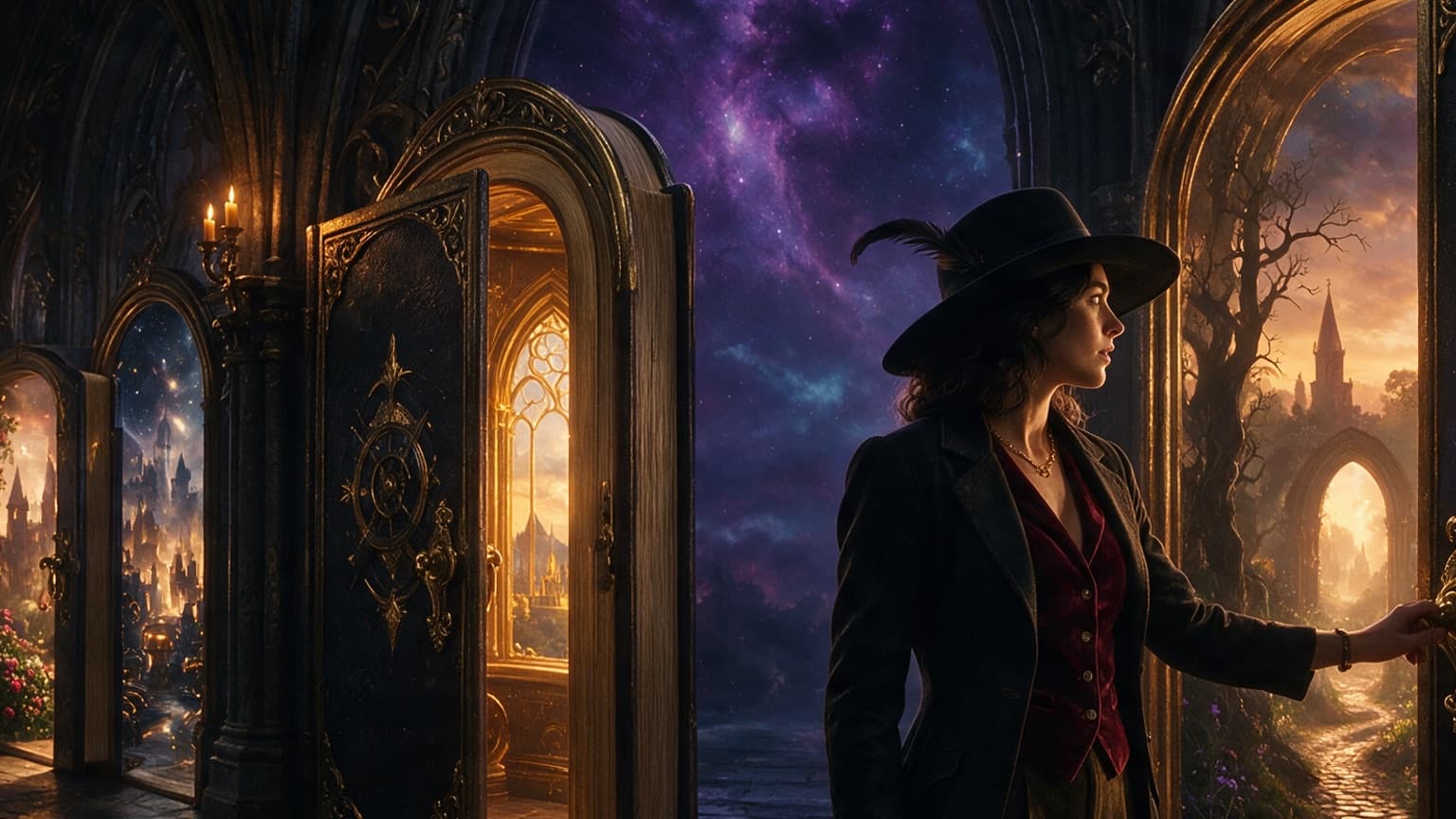 An adult reader exploring a gallery of book-shaped doorways and story worlds, created for 12 Best Completed Web Serials You Can Read Start to Finish