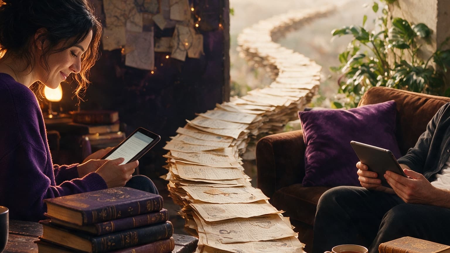 Two contrasting fiction worlds connected by a trail of pages, created for Fanfiction Trackers in 2026: What Actually Works