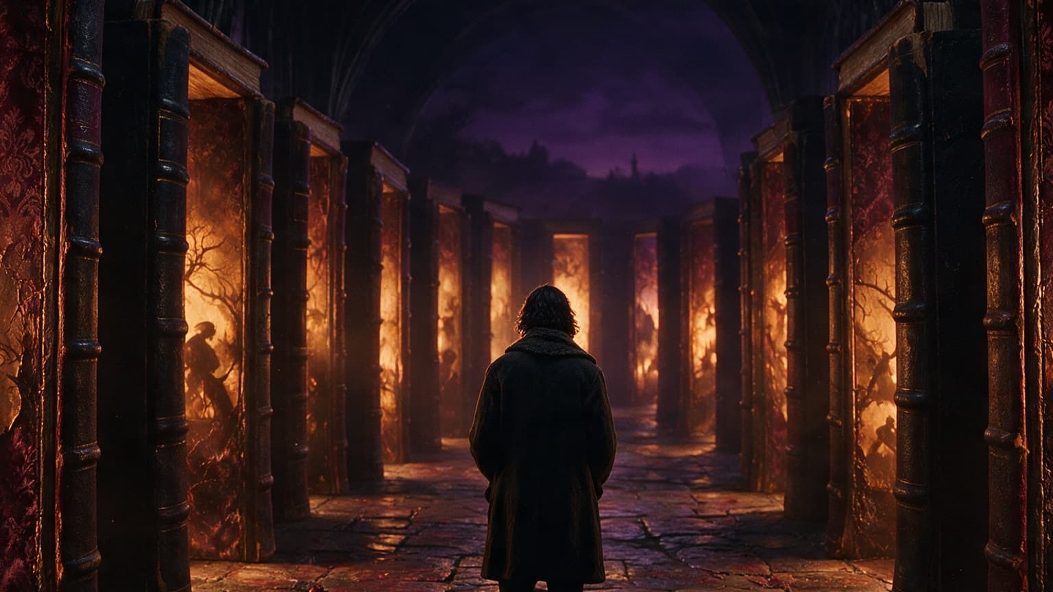 An adult reader exploring a gallery of book-shaped doorways and story worlds, created for 8 Best Horror Web Serials For Getting Genuinely Unsettled