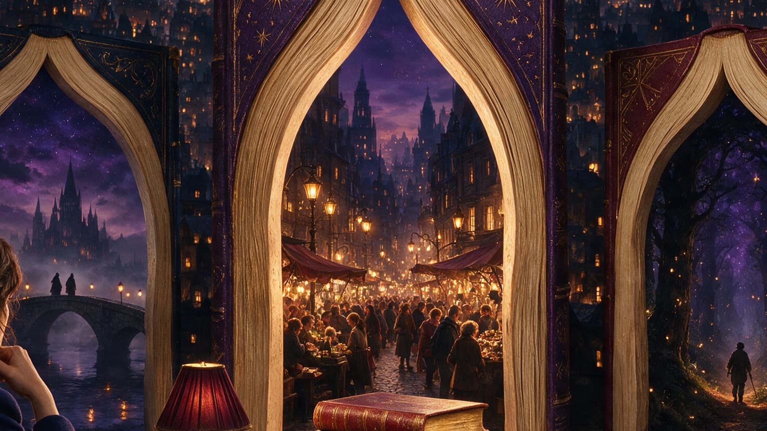 An adult reader exploring a gallery of book-shaped doorways and story worlds, created for The Best Web Fiction Protagonists Who Aren't OP