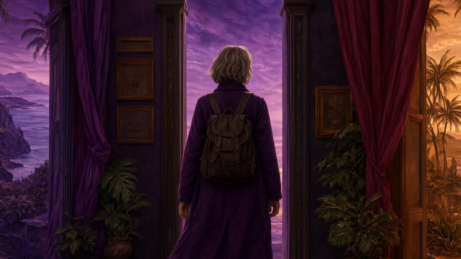 An adult reader exploring a gallery of book-shaped doorways and story worlds, created for 10 Best Short Web Serials Under 500 Pages