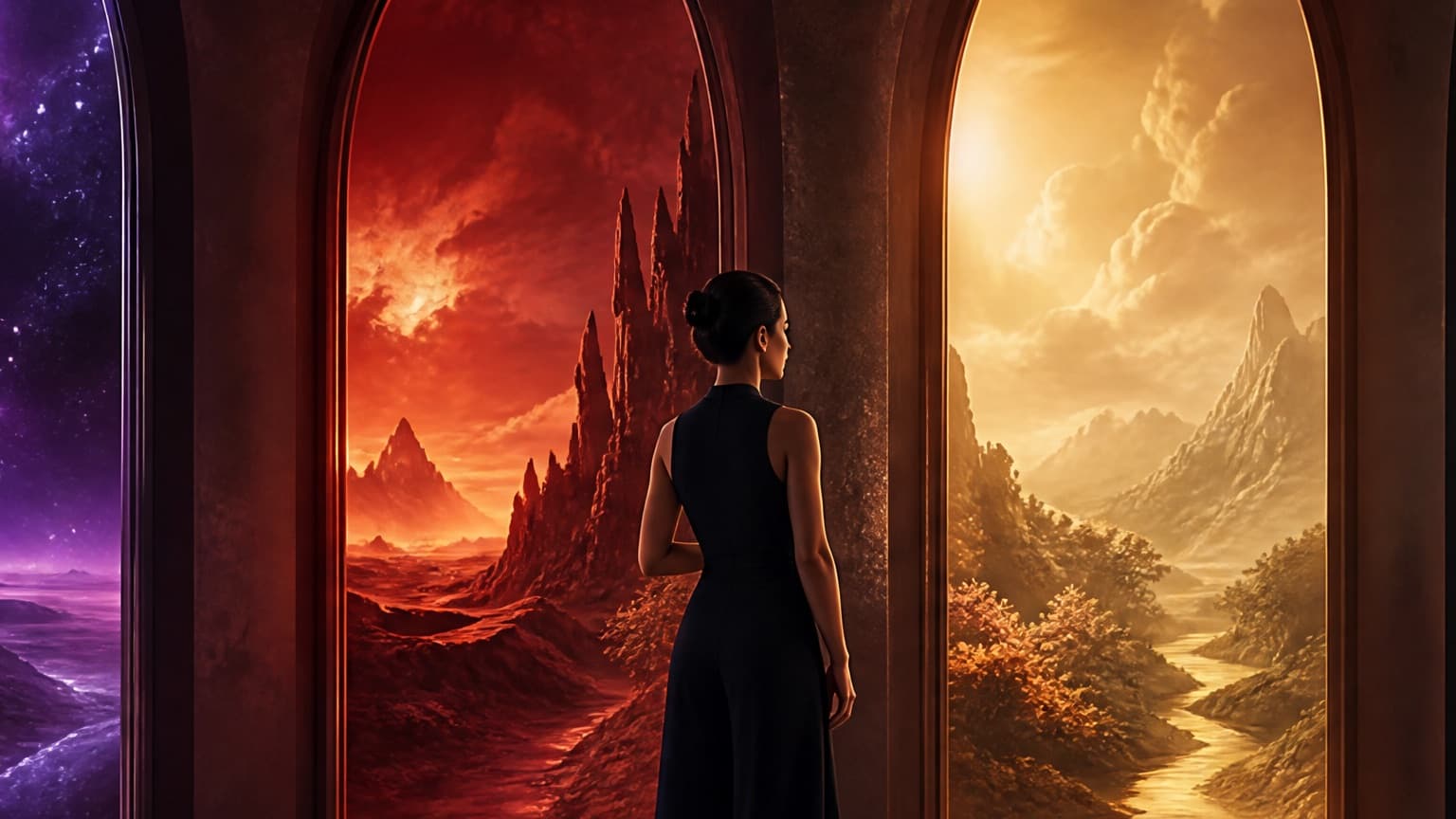 An adult reader exploring a gallery of book-shaped doorways and story worlds, created for 10 Best Stories to Start in 2025: New and Ongoing
