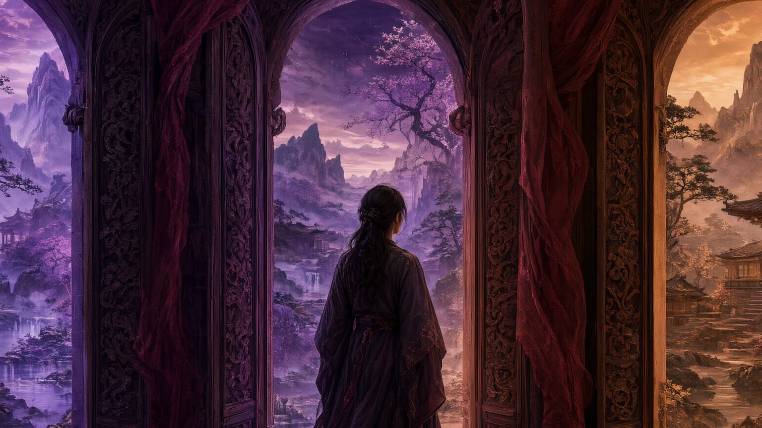 An adult reader exploring a gallery of book-shaped doorways and story worlds, created for 10 Translated Web Novels Worth the Commitment