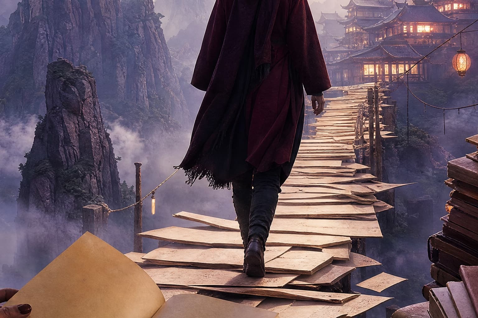 Adult reader watching a traveler cross a paper bridge through misty mountains