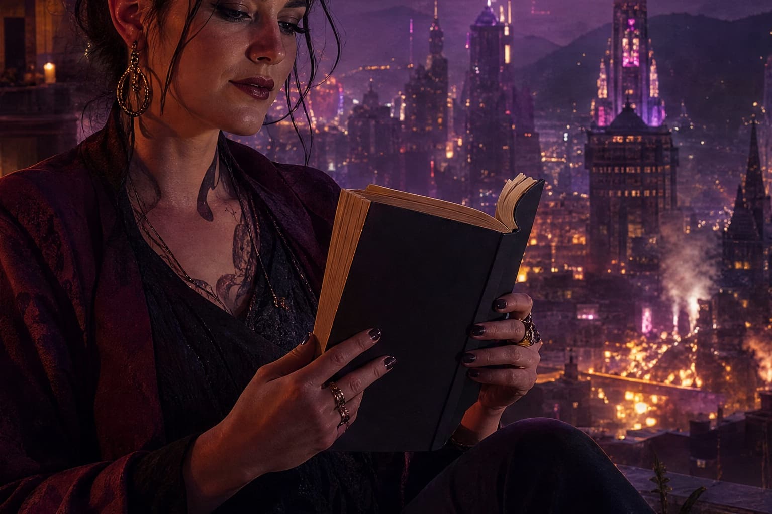 Adult reader holding a serial on a neon rooftop above a fantasy city