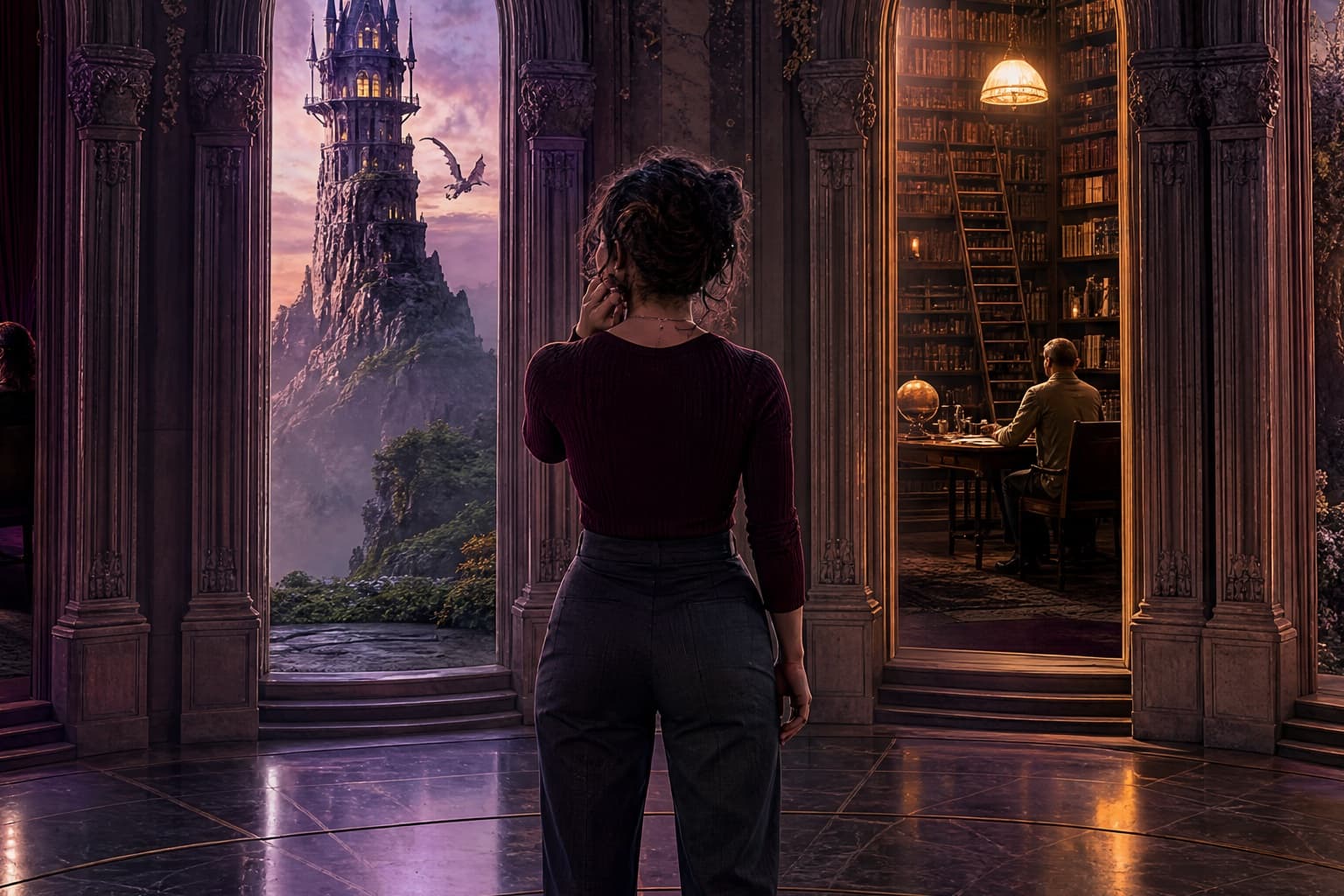 Adult reader choosing among seven distinct story doorways at a crossroads