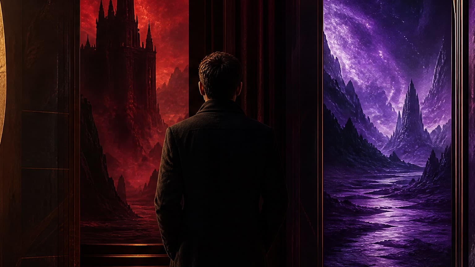 An adult reader exploring a gallery of book-shaped doorways and story worlds, created for 15 Best Web Serials of 2024