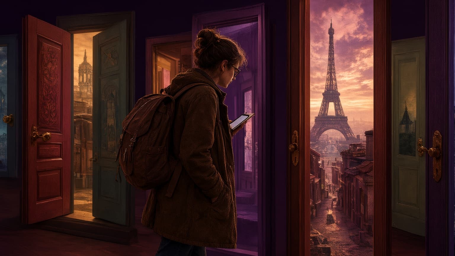 An adult reader exploring a gallery of book-shaped doorways and story worlds, created for 13 Best Web Serials of 2025