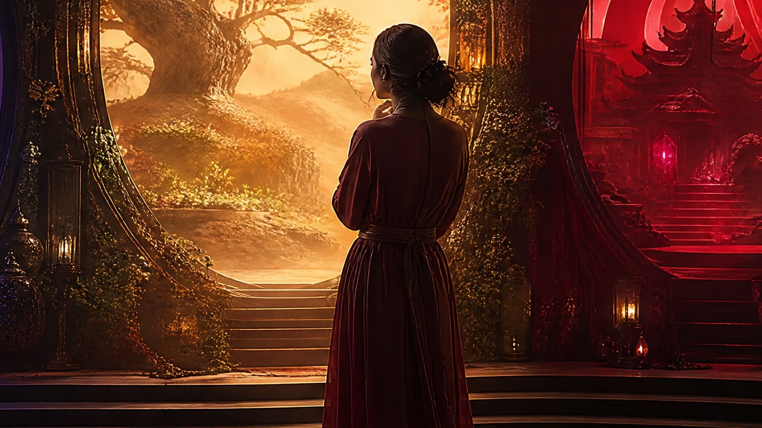 An adult reader exploring a gallery of book-shaped doorways and story worlds, created for Review: Beware of Chicken and the Joy of Low-Stakes Fantasy