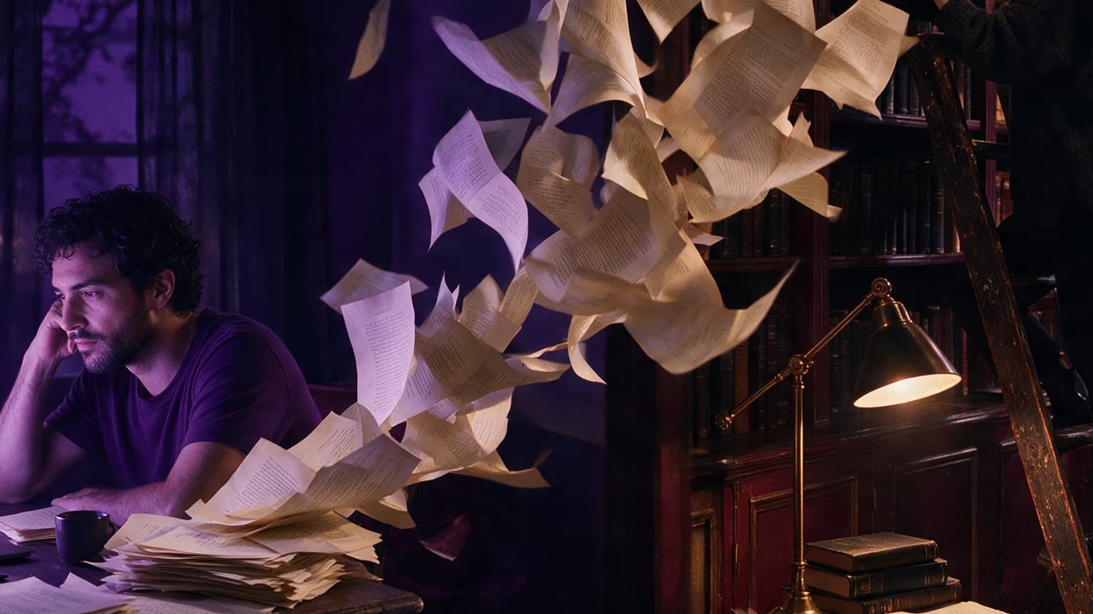 Two contrasting fiction worlds connected by a trail of pages, created for The Problem With Bookmarking Web Fiction in Your Browser