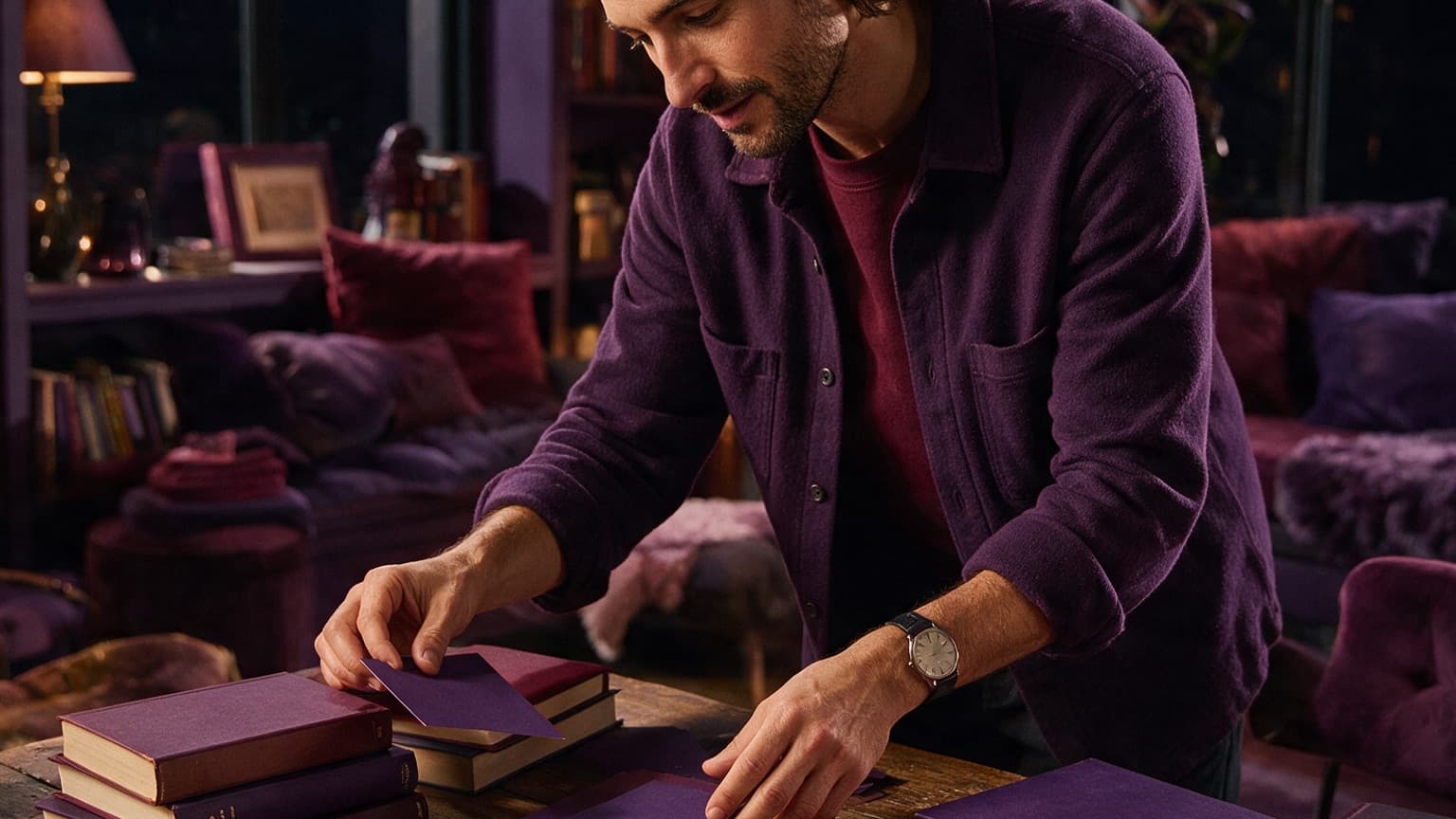An adult reader organizing books, story cards, and a phone in a violet room, created for How to Build a Better Reading Habit With Web Fiction