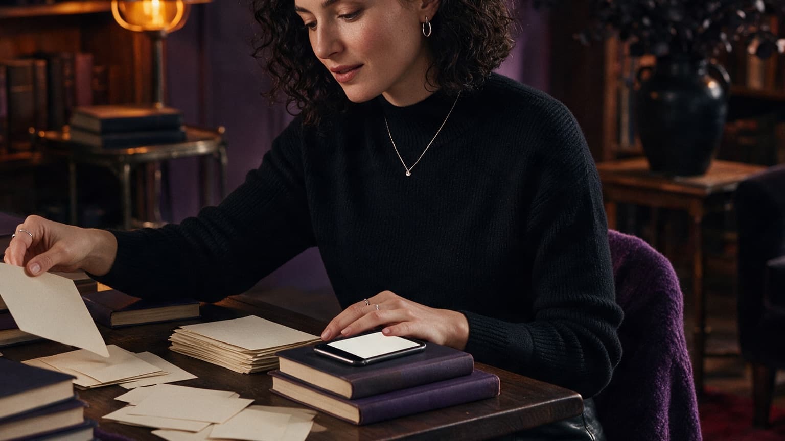 An adult reader organizing books, story cards, and a phone in a violet room, created for Moving From Casual Reader to Power Reader