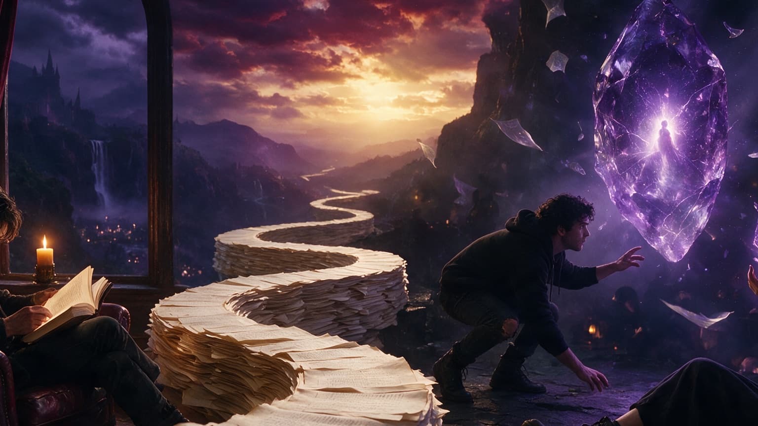 Two contrasting fiction worlds connected by a trail of pages, created for When the Comments Become Part of the Story