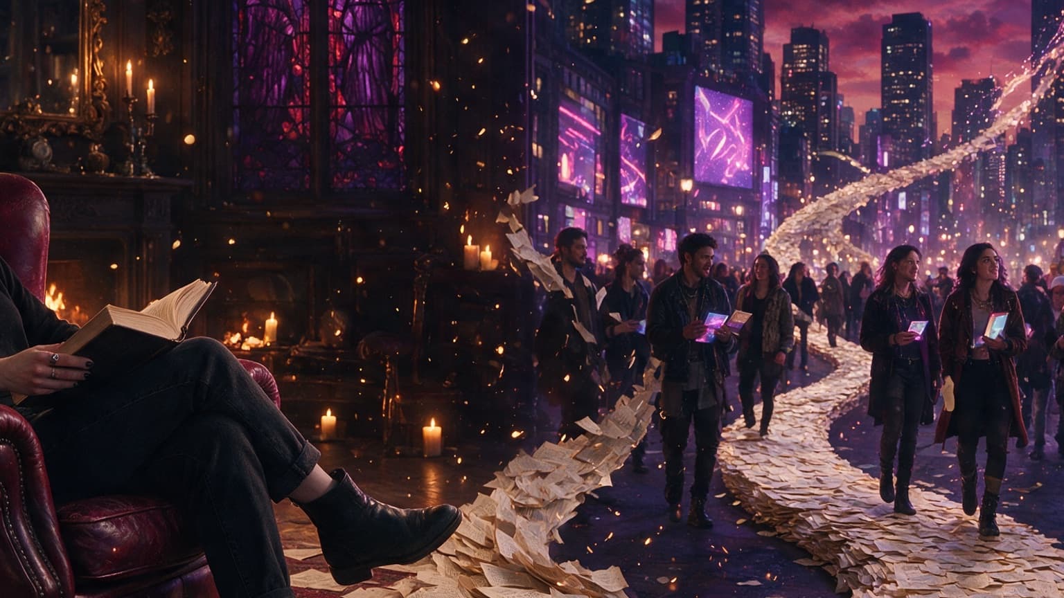 Two contrasting fiction worlds connected by a trail of pages, created for The Complete Story vs The Never-Ending Serial