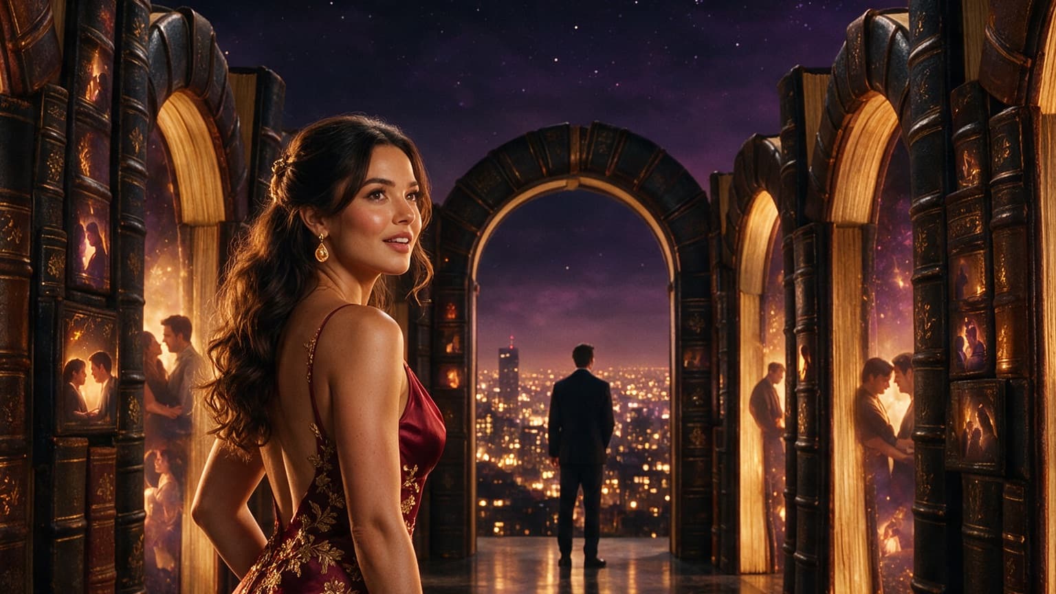 An adult reader exploring a gallery of book-shaped doorways and story worlds, created for 8 Completed Romance Serials That Earn Their Happy Endings