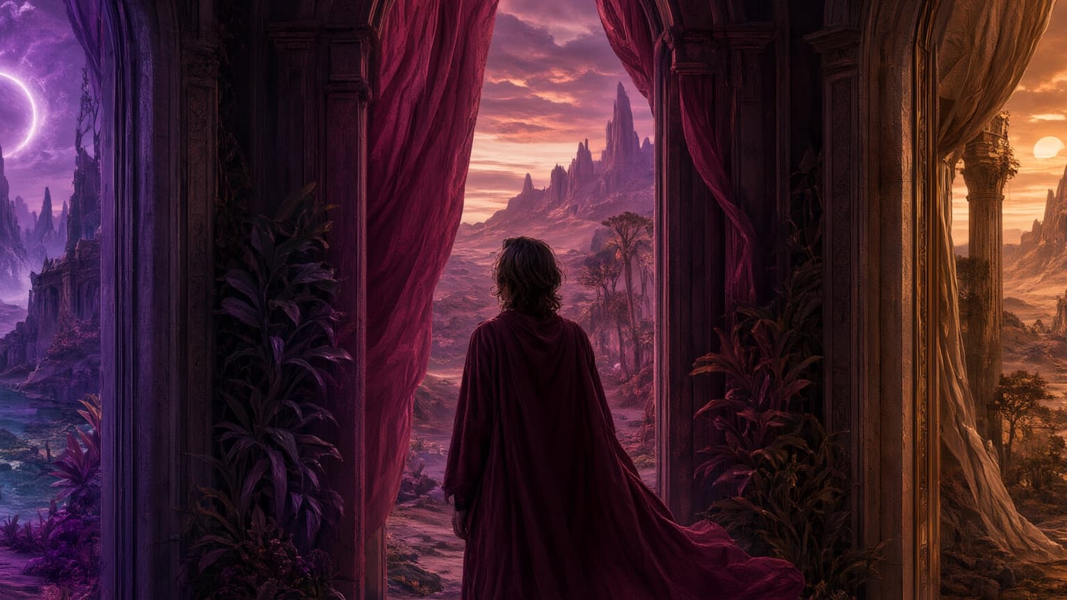 An adult reader exploring a gallery of book-shaped doorways and story worlds, created for 8 Completed Sci-Fi Web Serials Worth Starting