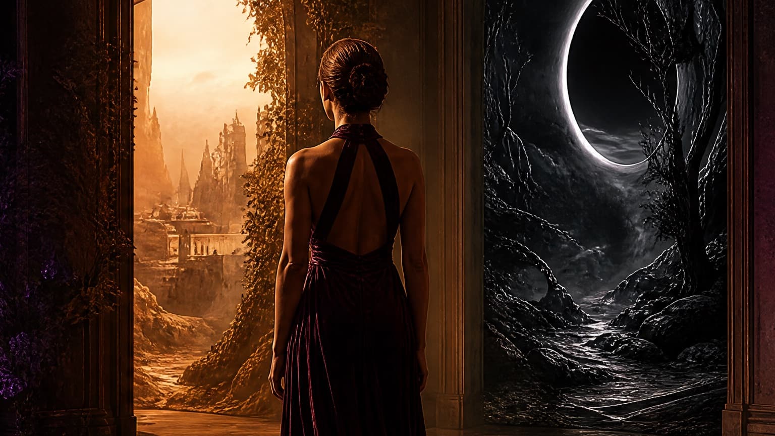 An adult reader exploring a gallery of book-shaped doorways and story worlds, created for 10 Completed Web Serials With Satisfying Endings
