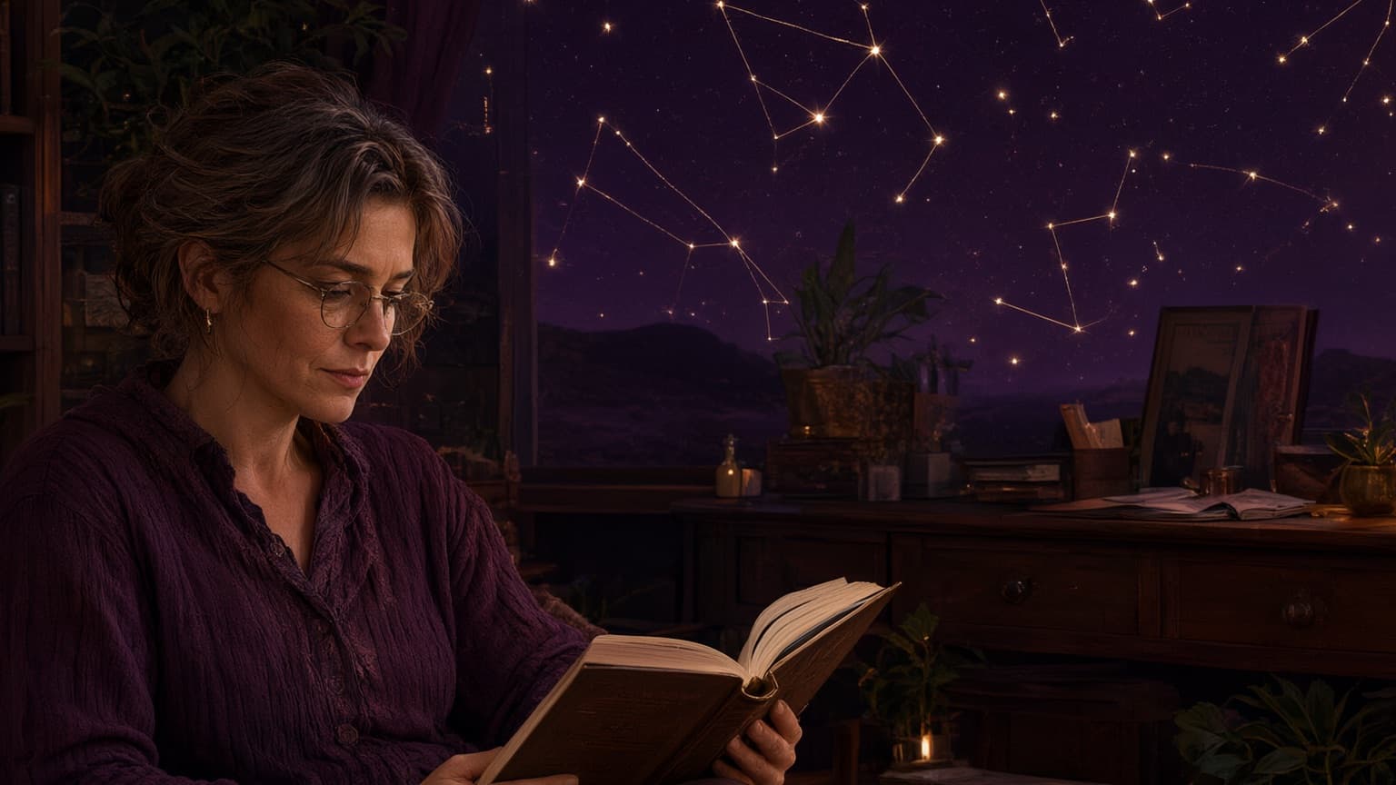 An adult reader following a web fiction story across a glowing screen and paper archive, created for The Rise of Cozy Fantasy in Web Fiction