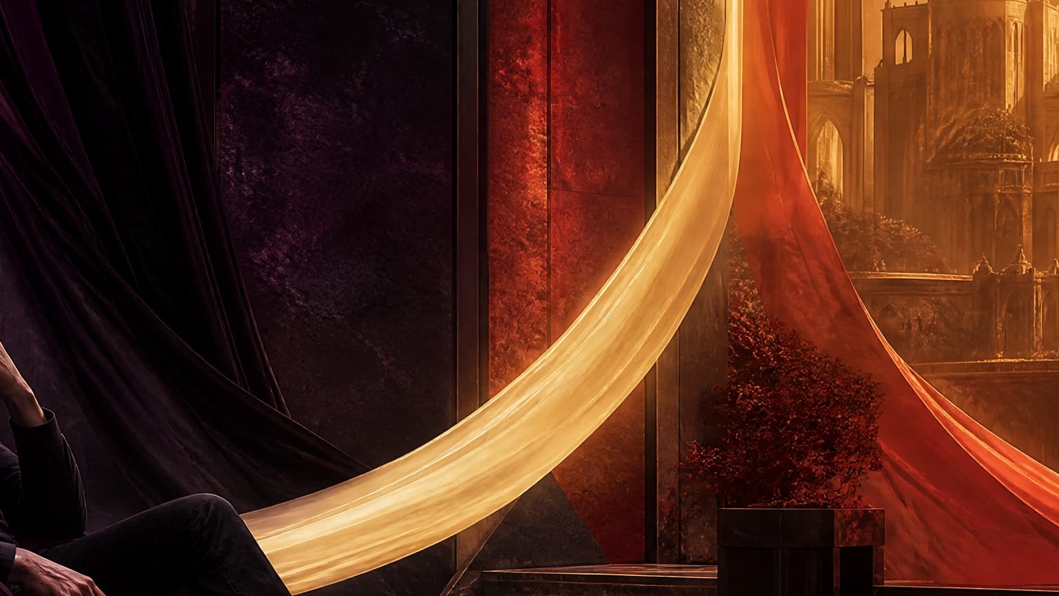 Two contrasting fiction worlds connected by a trail of pages, created for Crunchy vs Lite LitRPG: Which One Is For You