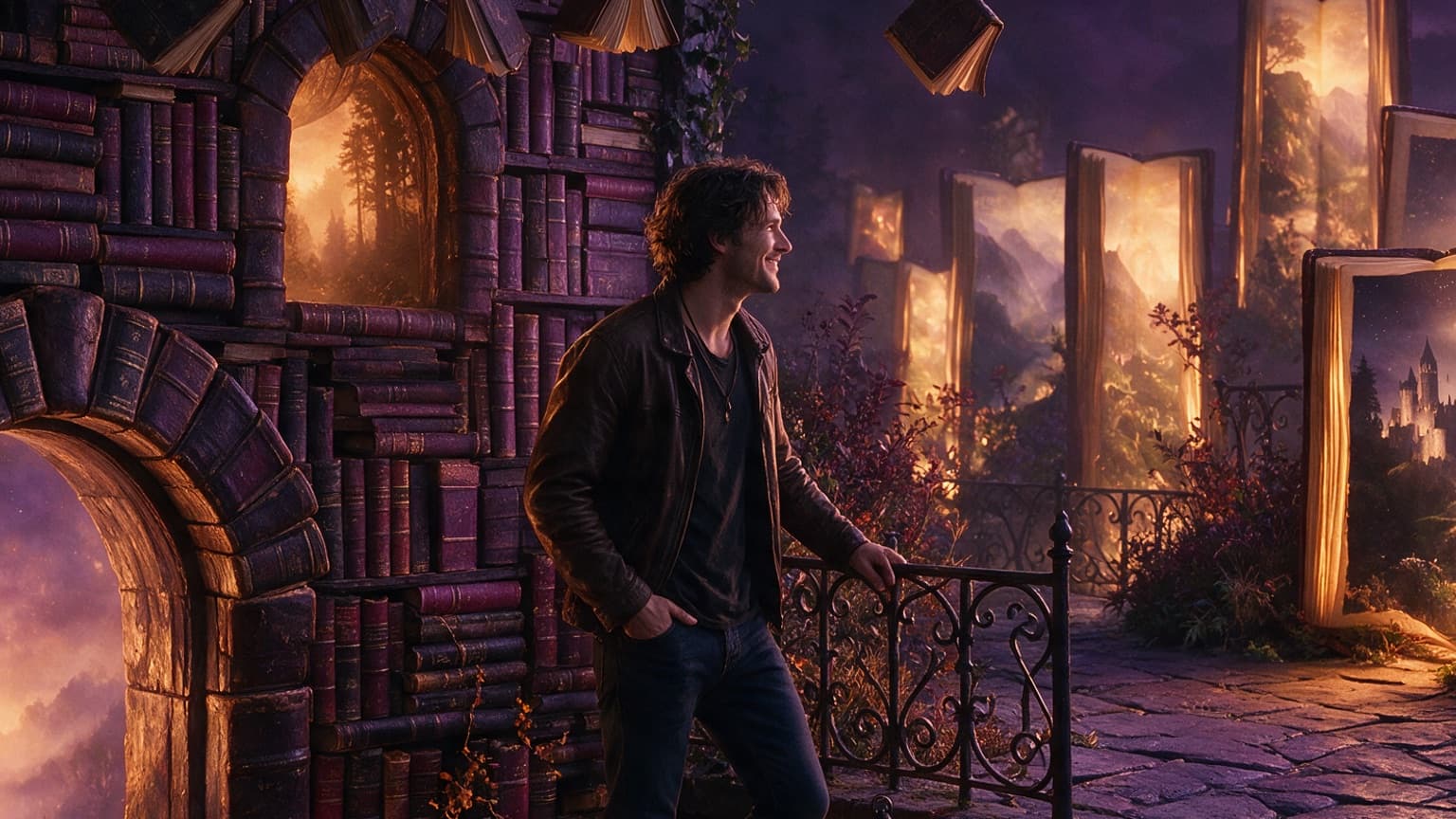 An adult reader exploring a gallery of book-shaped doorways and story worlds, created for Dungeon Crawler Carl Review: LitRPG With Teeth