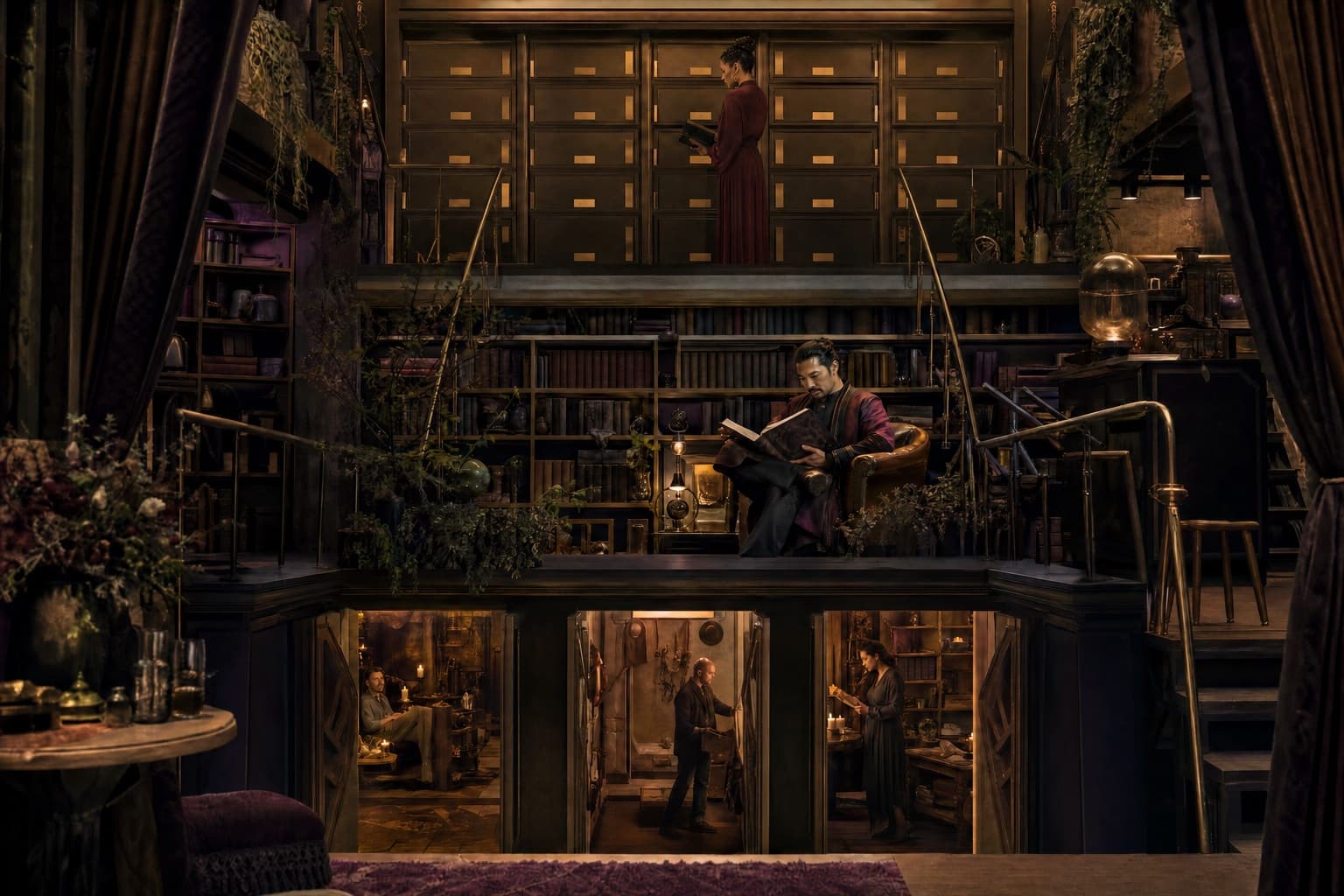 Several adult readers using different rooms in a vast three-level personal library