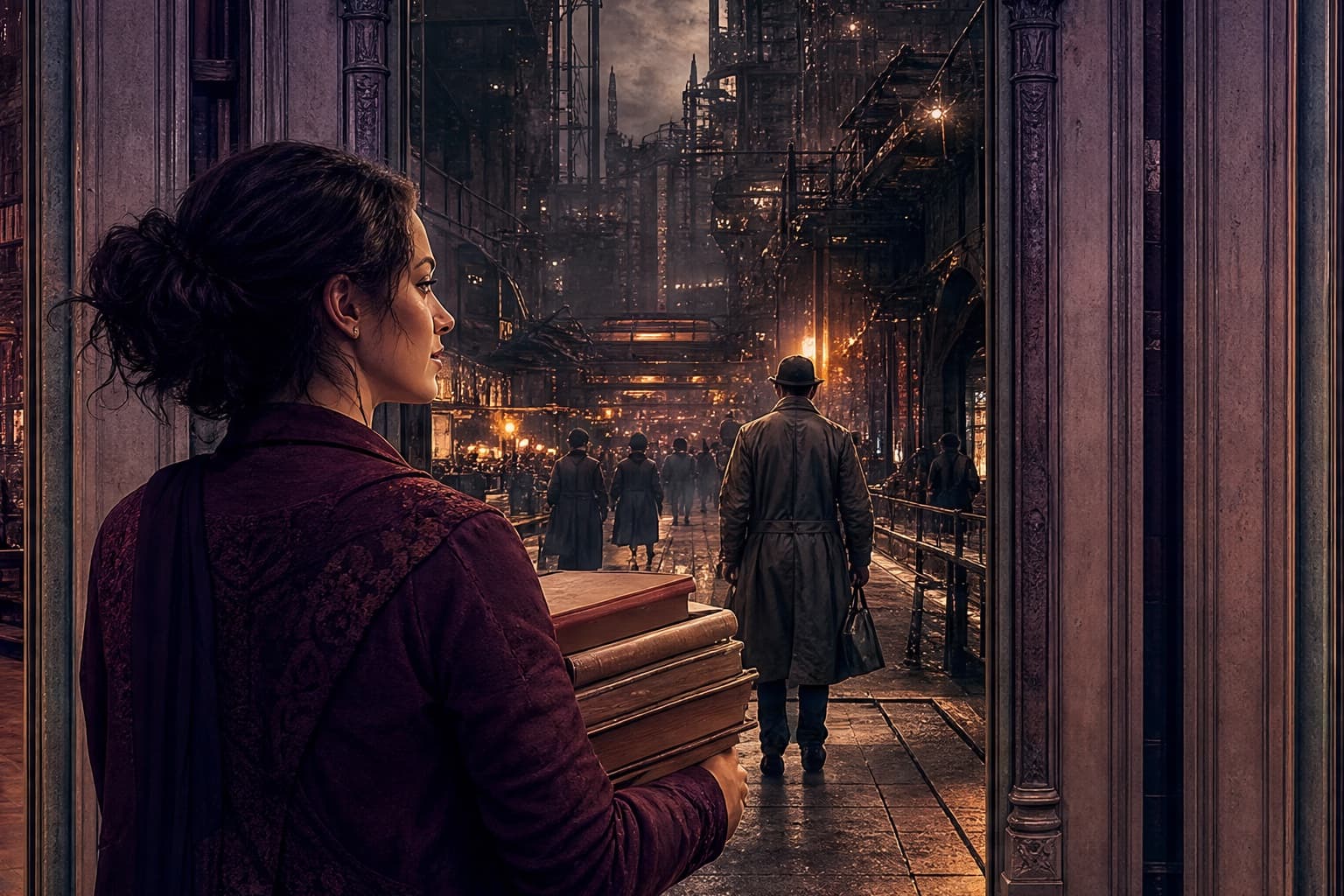 Adult reader carrying blank books through several distinct story doorways