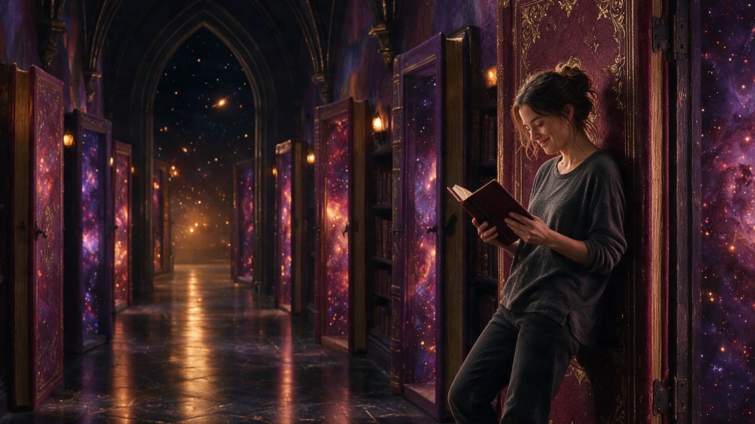 An adult reader exploring a gallery of book-shaped doorways and story worlds, created for 10 FanFiction Stories That Stand On Their Own