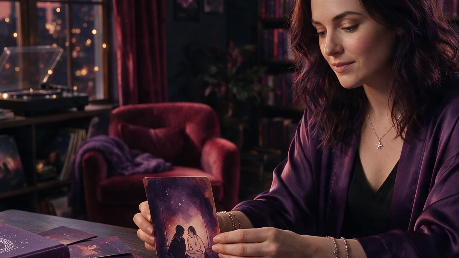 An adult reader organizing books, story cards, and a phone in a violet room, created for Your Fic Tracker Should Not Become a Second Job