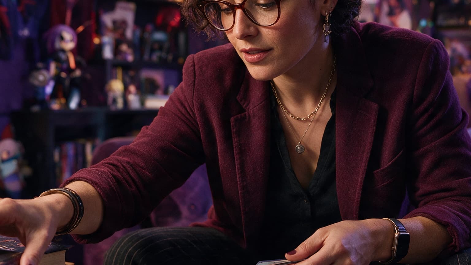 An adult reader organizing books, story cards, and a phone in a violet room, created for How to Find Completed Web Serials