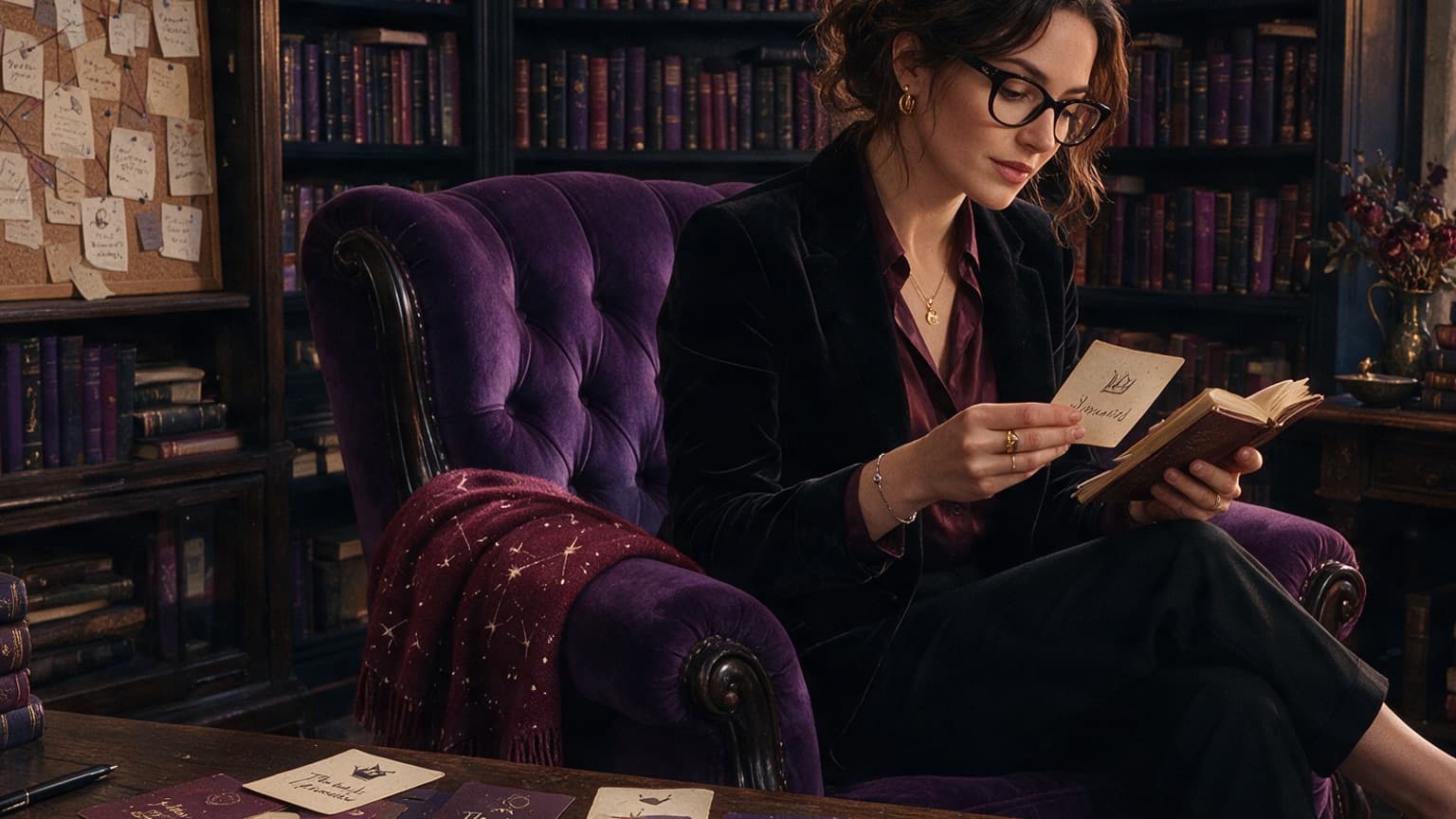 An adult reader organizing books, story cards, and a phone in a violet room, created for How to Find Royal Road Stories Beyond Rising Stars