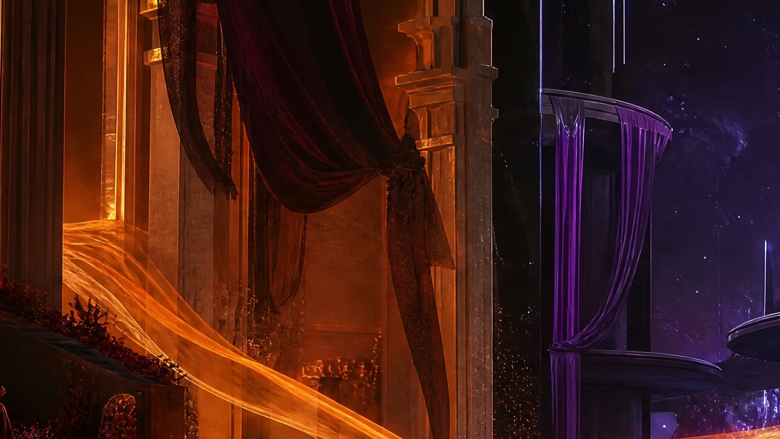 Two contrasting fiction worlds connected by a trail of pages, created for Forum vs Archive: Why the Same Story Feels Different