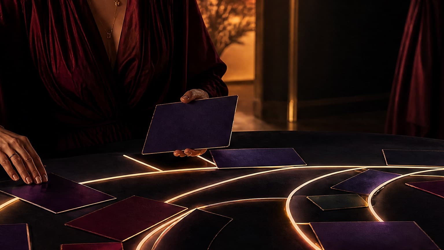 An adult reader organizing books, story cards, and a phone in a violet room, created for Gen vs Ship: Why AO3's Category System Matters