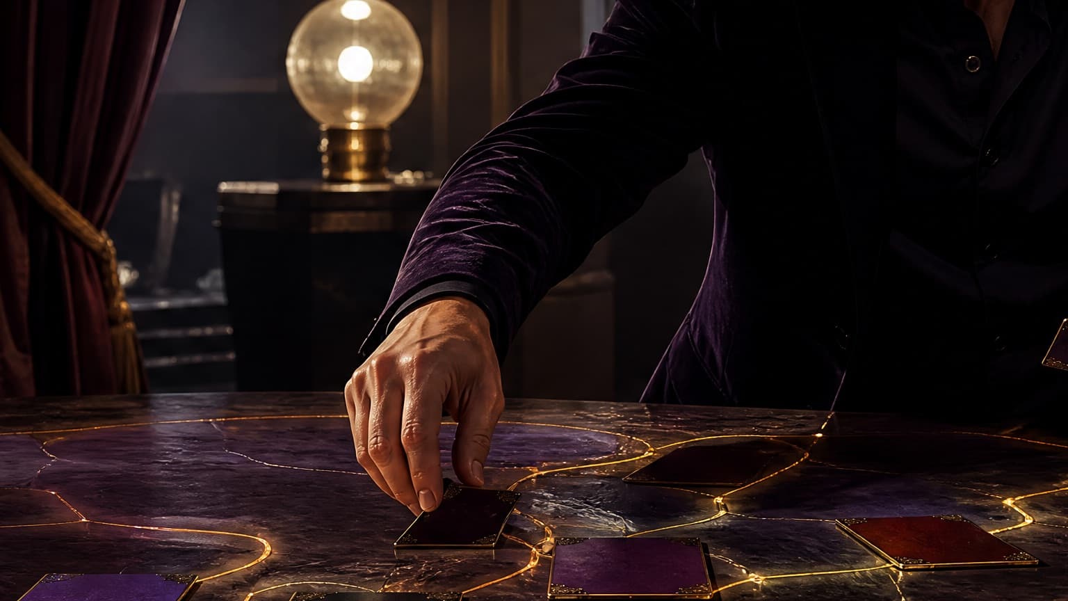 An adult reader organizing books, story cards, and a phone in a violet room, created for What Makes a Good LitRPG System: Readers Weigh In