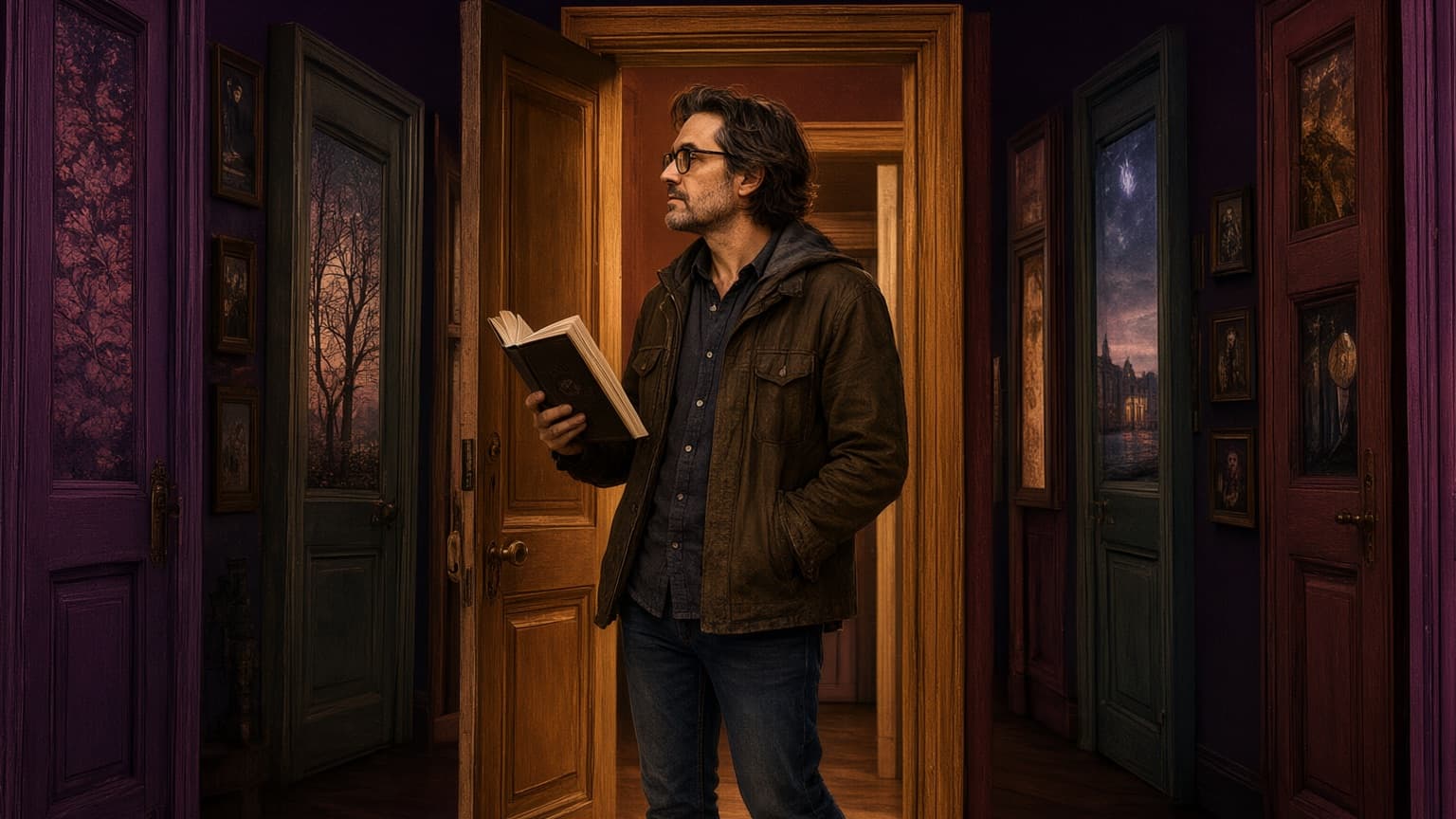 An adult reader exploring a gallery of book-shaped doorways and story worlds, created for 6 Horror Web Serials for a Properly Spooky Halloween