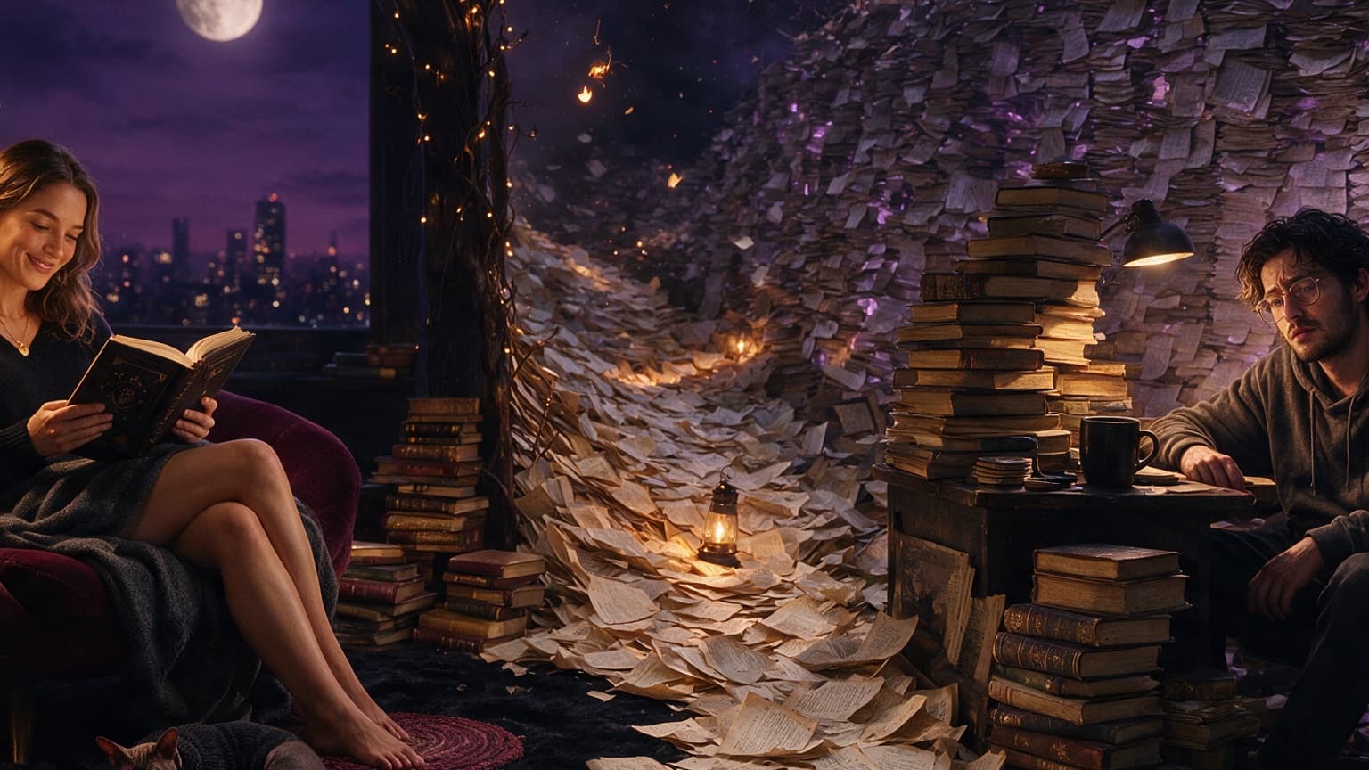 Two contrasting fiction worlds connected by a trail of pages, created for The Problem With Infinite Serialization