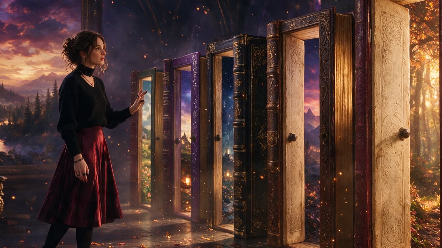 An adult reader exploring a gallery of book-shaped doorways and story worlds, created for 8 Isekai Stories That Actually Try Something Different