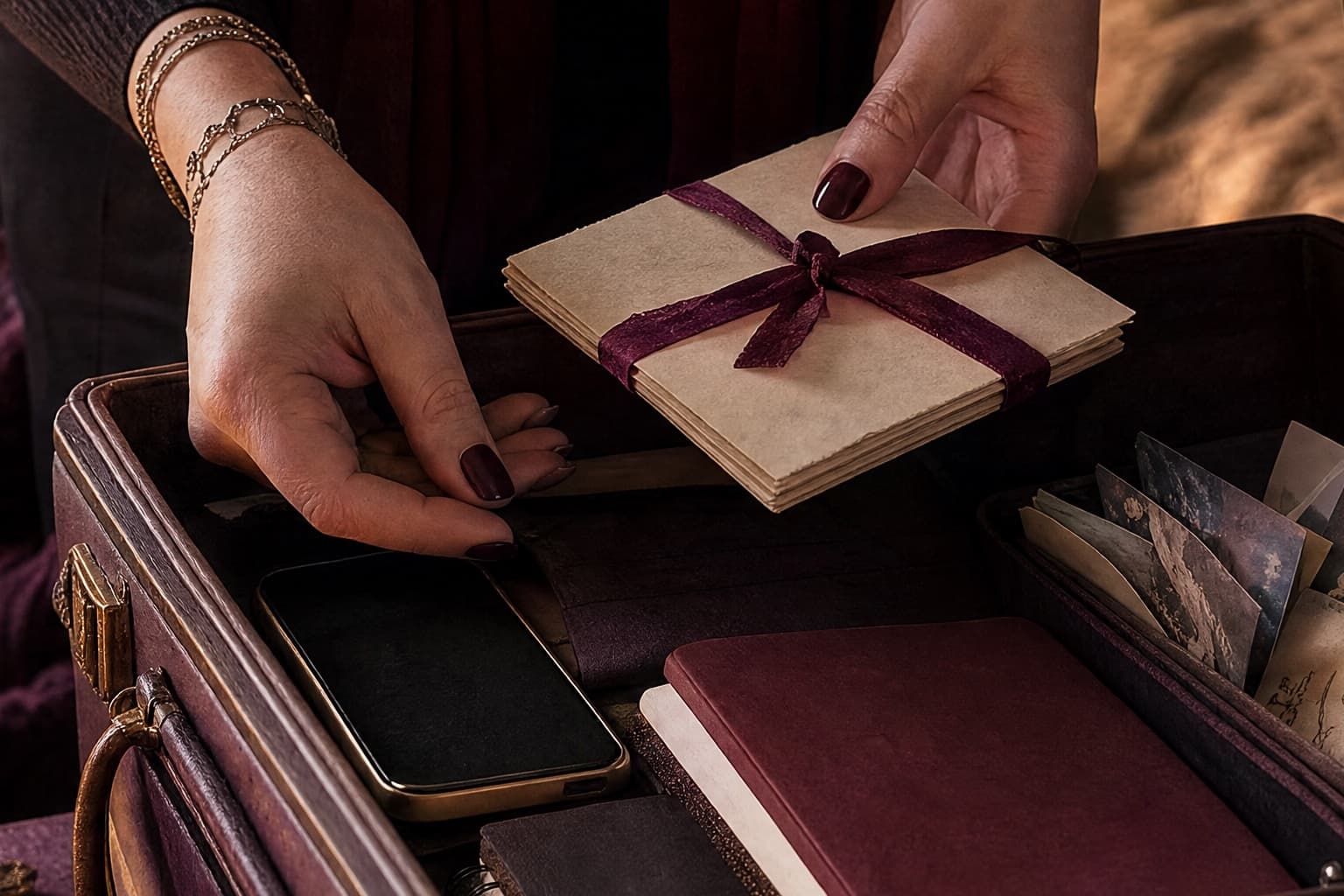 Adult reader packing a travel case with story cards and reading notes