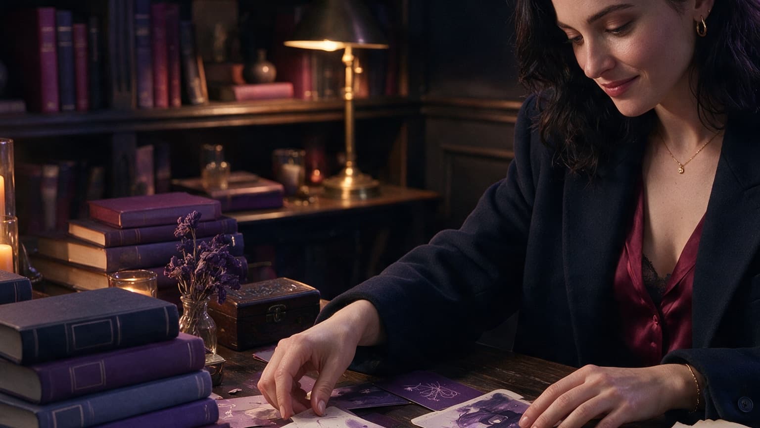 An adult reader organizing books, story cards, and a phone in a violet room, created for Leaving Wattpad? Save These Five Things First