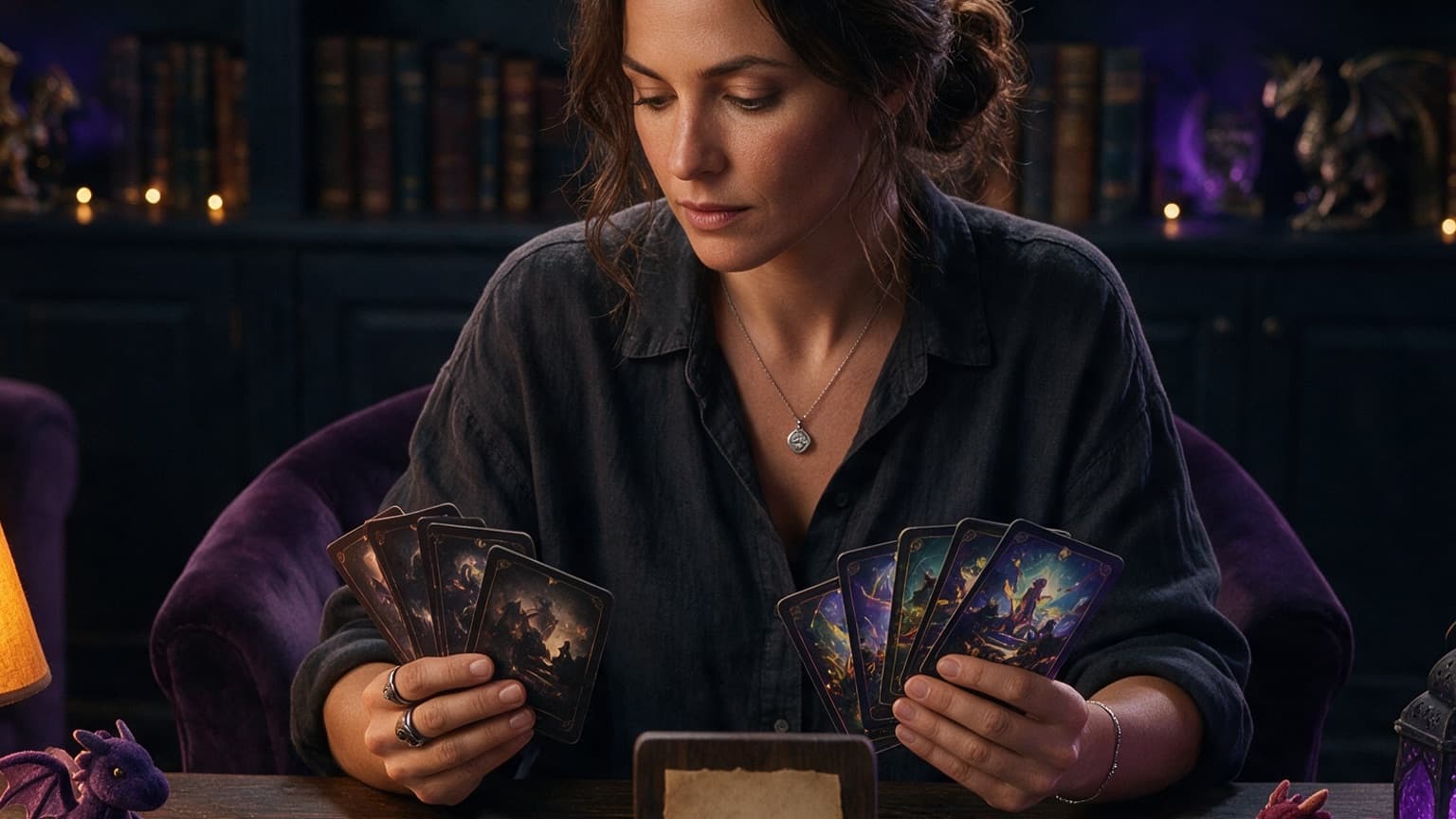 An adult reader organizing books, story cards, and a phone in a violet room, created for LitRPG vs Progression Fantasy: Where to Start