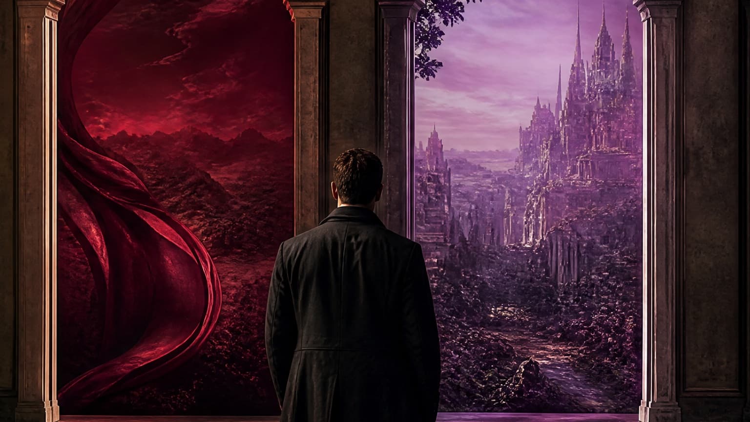 An adult reader exploring a gallery of book-shaped doorways and story worlds, created for The Most Influential Web Serials of the Last Decade